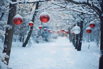 snow-covered park or forest with bright Christmas decorations