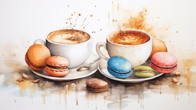 A painting of a cup of coffee and macaroons