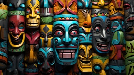 A bunch of colorful wooden tiki masks