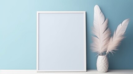 A picture frame and a vase with feathers on a table