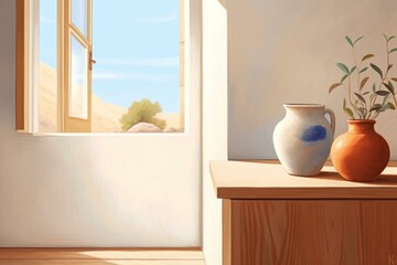 A vase, bowl, and plant on a kitchen counter with a window in the background, next to a white cabinet with a wooden door. Generative AI