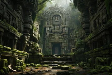 Selbstklebende Fototapete Altes Gebäude A crumbling temple adorned with carvings of gods and goddesses, each with their own mythical companions. Generative Ai.