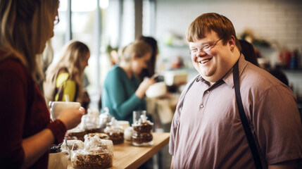 Portrait of man with Down syndrome serving visitors in cafe. Inclusive Job. Banner. - obrazy, fototapety, plakaty