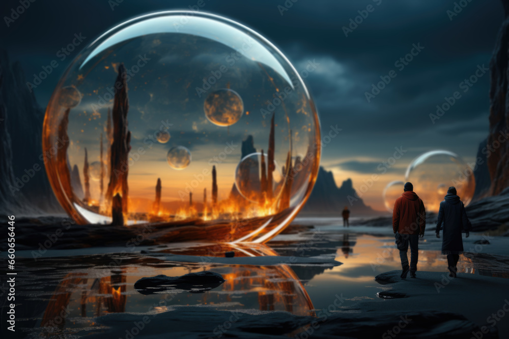 Poster a surreal landscape where gravity behaves differently, exemplifying the diverse physics of parallel 