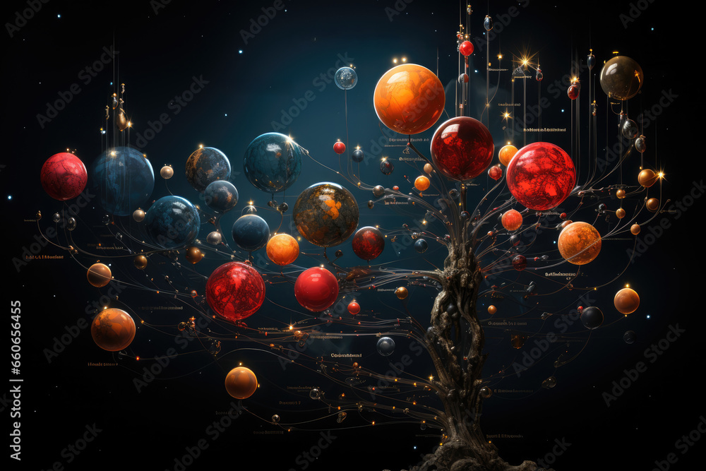 Poster a theoretical diagram illustrating the branching pathways of infinite universes diverging from each 