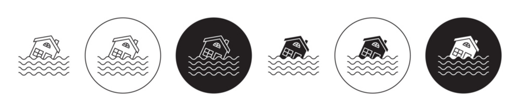 Flooded house icon set. river flood disaster vector symbol. hurricane home sign in black filled and outlined style.