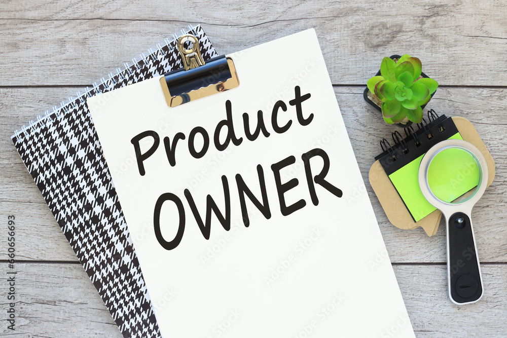 Poster scrum product owner text on a white page on a bright notepad on the table