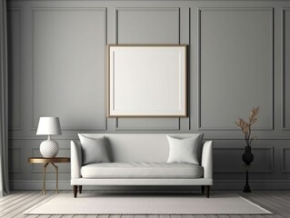Modern and Minimalist Living Room Interior Design with Blank White Picture Frame Mockup