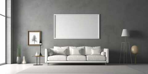 Modern and Minimalist Living Room Interior Design with Blank White Picture Frame Mockup