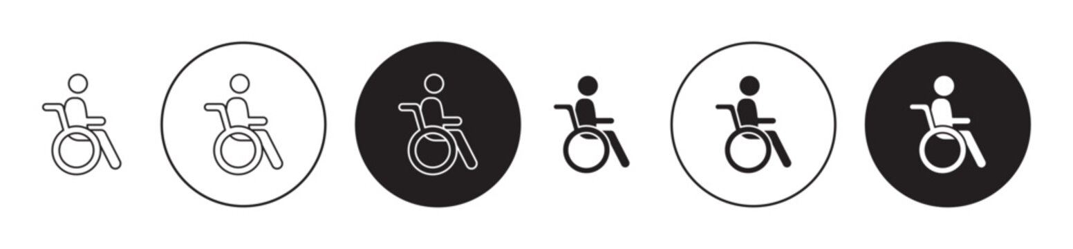 Wheelchair icon set. disabled handicap Wheelchair vector symbol in black filled and outlined style.