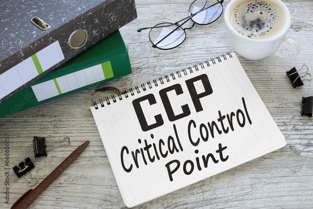 Poster concept image of business acronym ccp critical control point two office folder gray notepad. text on