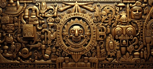 Antique Aztec gold background. Texture of Aztec gold. Copy space. Horizontal format for banners, posters, games, advertising. Photo AI generated.