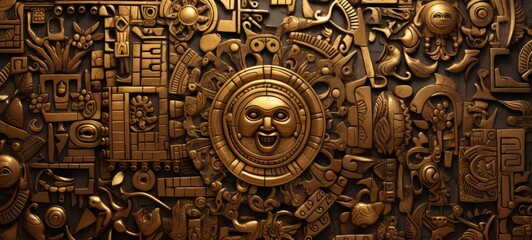 Aztec gold. Antique Aztec gold texture background. Copy space. Horizontal format for banners, posters, prints, advertising, games. AI generated.