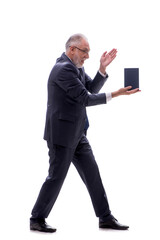 Old businessman holding book isolated on white