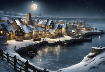 fantasy medieval seaside town in winter at night with ancient timber framed buildings covered in snow and a full moon with stars - obrazy, fototapety, plakaty