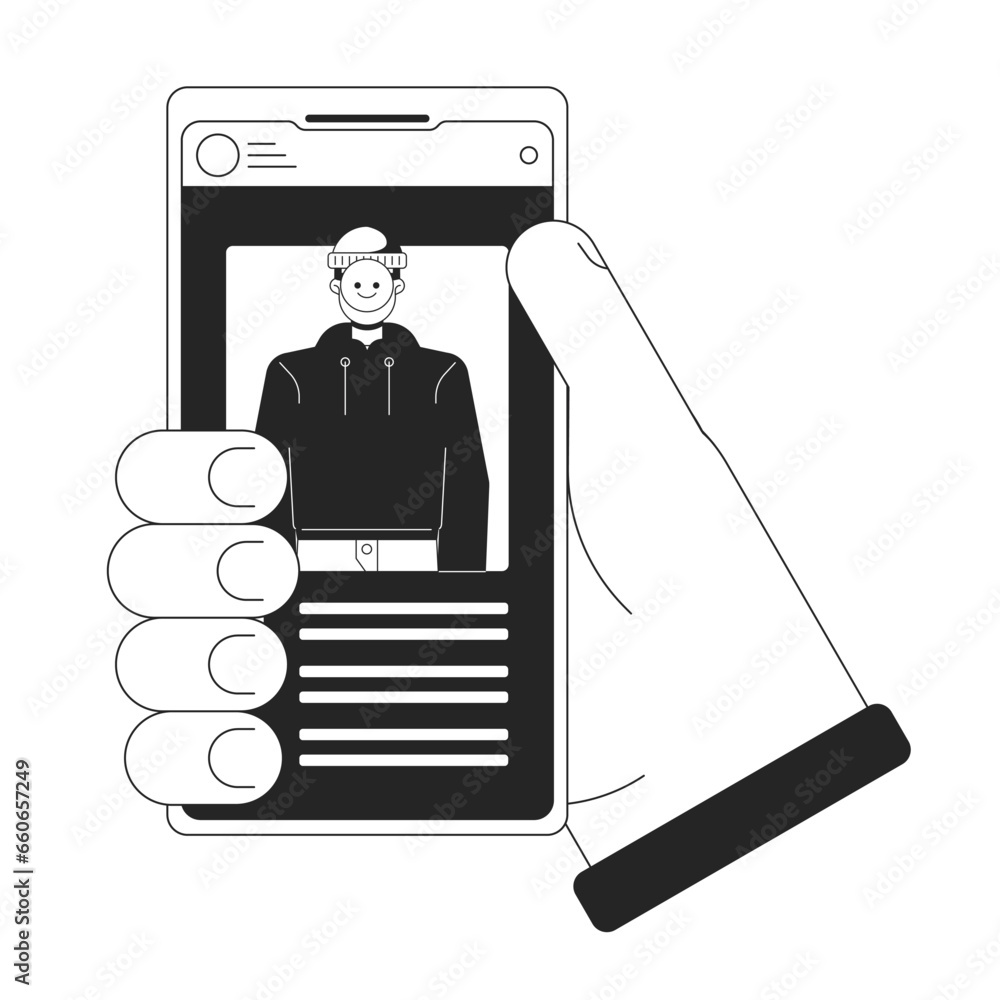 Aufkleber stealing identity smartphone bw concept vector spot illustration. cybercrime. hacker personality the