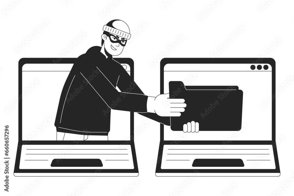 Poster thief stealing data from laptop bw concept vector spot illustration. phishing attack. 2d cartoon fla
