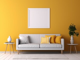 Minimalist Yellow Living Room Interior Design with Blank White Picture Frame Mockup