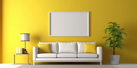 Minimalist Yellow Living Room Interior Design with Blank White Picture Frame Mockup