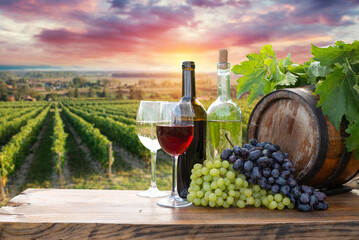 Red wine bottle and wine glass on wodden barrel. Beautiful Tuscany background. High quality photo