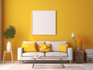 Minimalist Yellow Living Room Interior Design with Blank White Picture Frame Mockup