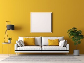 Minimalist Yellow Living Room Interior Design with Blank White Picture Frame Mockup