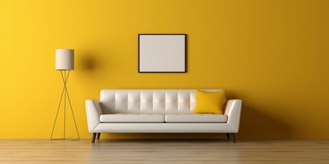 Minimalist Yellow Living Room Interior Design with Blank White Picture Frame Mockup