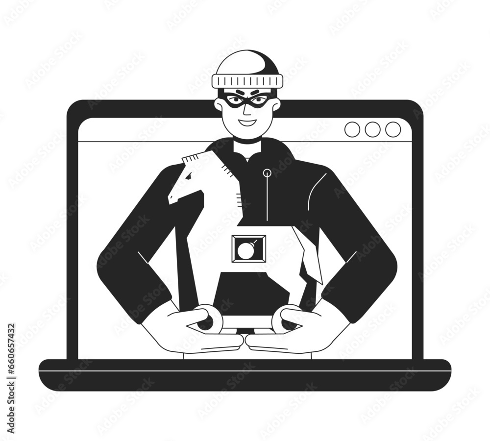 Aufkleber trojan virus on laptop bw concept vector spot illustration. man launch virus 2d cartoon flat line mo