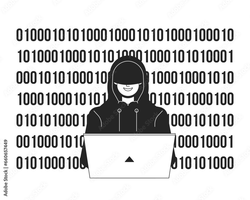Poster hacker in hood coding bw concept vector spot illustration. man with laptop 2d cartoon flat line mono