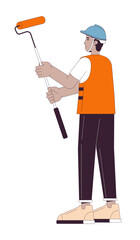 Latin american adult painter holding paint roller 2D linear cartoon character. Hispanic guy interior decorator isolated line vector person white background. Hardhat worker color flat spot illustration