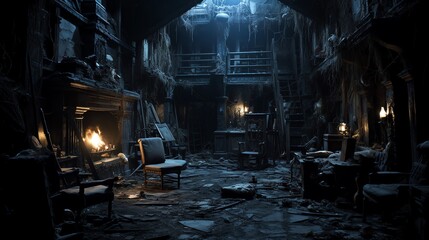 Haunted house spooky interior living area in dilapidated condition