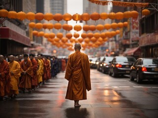 n this thought-provoking scene, a solitary Buddhist monk stands serenely on a bustling New York street, his back turned to the urban commotion. - obrazy, fototapety, plakaty