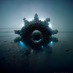 Steel spur gear on the sand underwater view power transmission lightning aura accuarate and symmetric shape ocean coral enviroment floating fish ultra realistic 4k volumetric lighting minimalism 