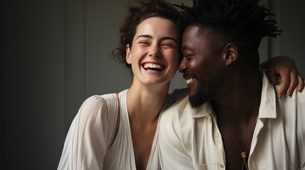 portrait of a happy couple afro american man and an caucasian woman who are laughing and flirting together
