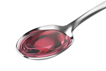 Pink cough syrup in silver spoon on transparent background