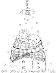 Cute Pair of Snowmen under the lantern. Snowing. Lovers. Love. Merry Christmas, Happy New Year. Pattern for adult coloring book. Black and white.	