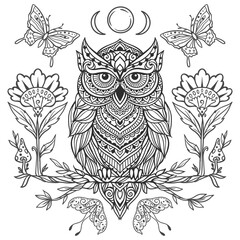 Owl mandala. Animal Vector illustration. Adult or kids coloring book page in Zen boho style. Antistress Peaceful drawing. Black and white