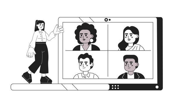 Running online meeting black and white 2D illustration concept. Caucasian woman hosting international conference call isolated cartoon outline characters. Videocall metaphor monochrome vector art