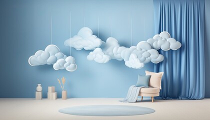 Quiet room with blue wall and clouds, photo studio backdrop