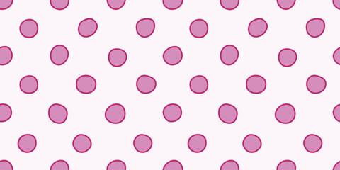 Hand drawn seamless polka dots pattern with outline, pink colors, doodle style vector