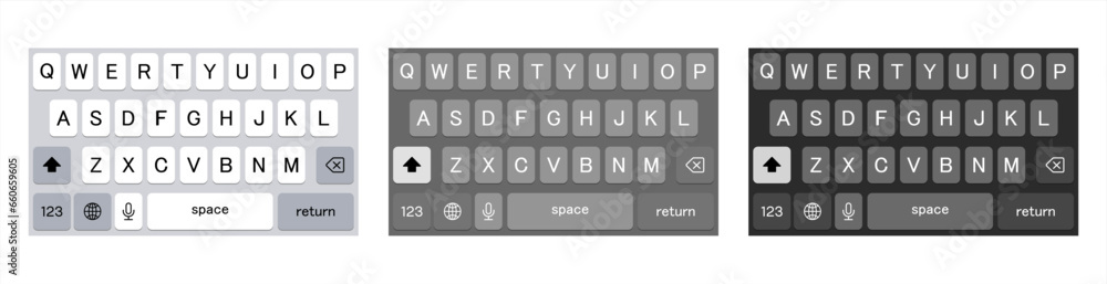 Poster Smartphone keyboard in light and dark mode, keypad alphabet buttons in modern flat style, mobile phone tab concept for white and black color text app, vector illustration 10 eps.