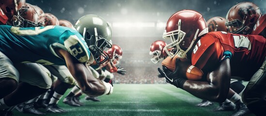 American Football Championship. Professional Player, Aggressive Face, Ready to Push, Tackling. Energy-Full Competition - obrazy, fototapety, plakaty