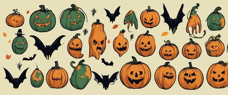 Set Halloween vector illustrations in cartoon style. Funny pumpkin, skeleton, zombie.