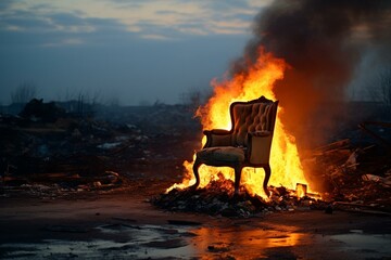 Burning chair in destroyed environment. Generative AI