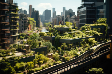A network of green rooftops in an urban landscape, highlighting the integration of nature into city planning. Generative Ai.