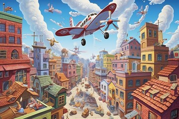 Amusing cartoon depicting a joyful cityscape with soaring airplane. Generative AI