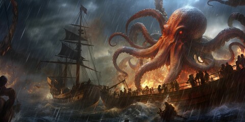 Giant Kraken Octopus Attack Pirate Ship with Thunderstorm Background. Cthulhu Illustration - obrazy, fototapety, plakaty