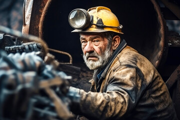 Photo of a hard hat wearing man operating a machine in a mining site - obrazy, fototapety, plakaty