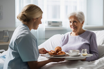 Senior from care home receiving her favourite croissants.  Older lady in bed looking at a young nurse.