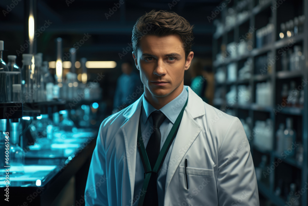 Poster a portrait of a young scientist with a microscope, emphasizing the pursuit of knowledge. generative 